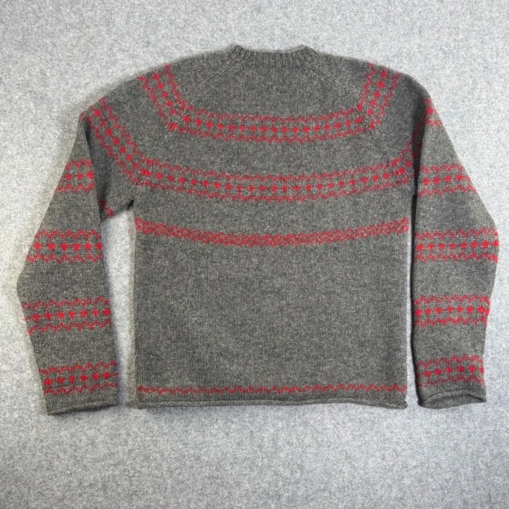 J Crew Mens Handknit Fair Isle Lambswool Sweater‎ Grey Red Size M